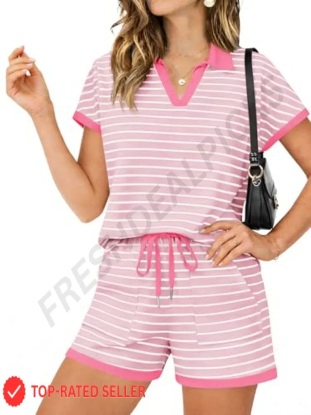 Women's 2 Piece Short Set - Striped Summer Lounge Set with Drawstring Shorts